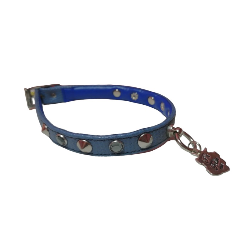 Collare in ecopelle karung blu con borchie e strass